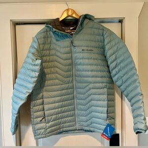 COLUMBIA Woodrose Crest Mens DOWN HOODED Packable puffer (LARGE) NWT Blue $160